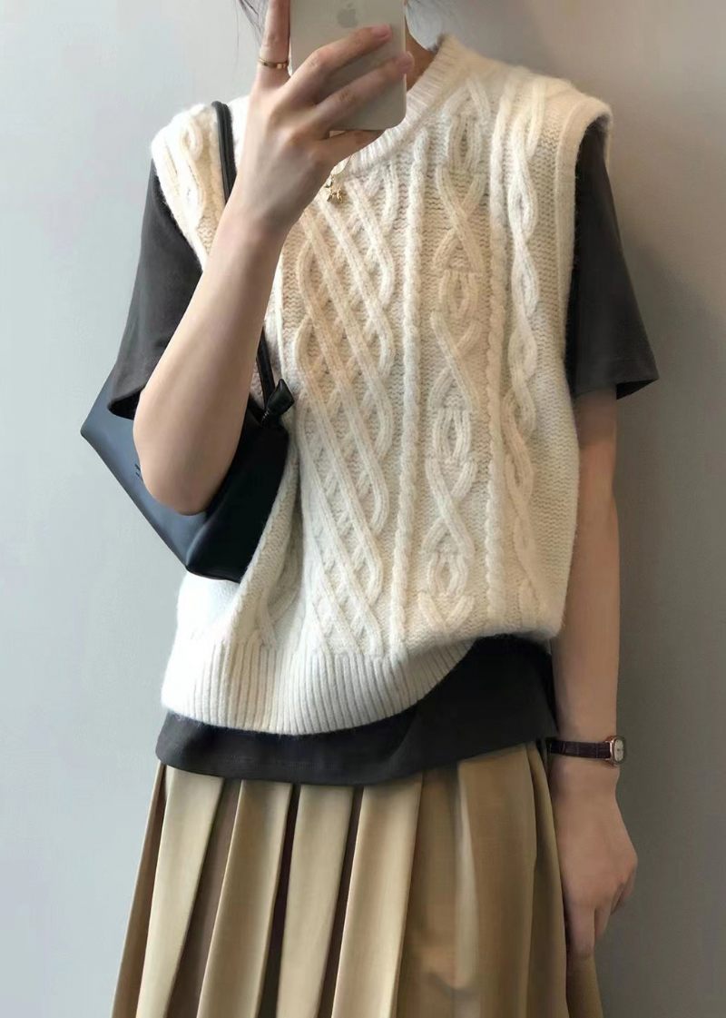 Beige Patchwork Lösstickad Väst Top O Neck Fall - Koftor för kvinnor