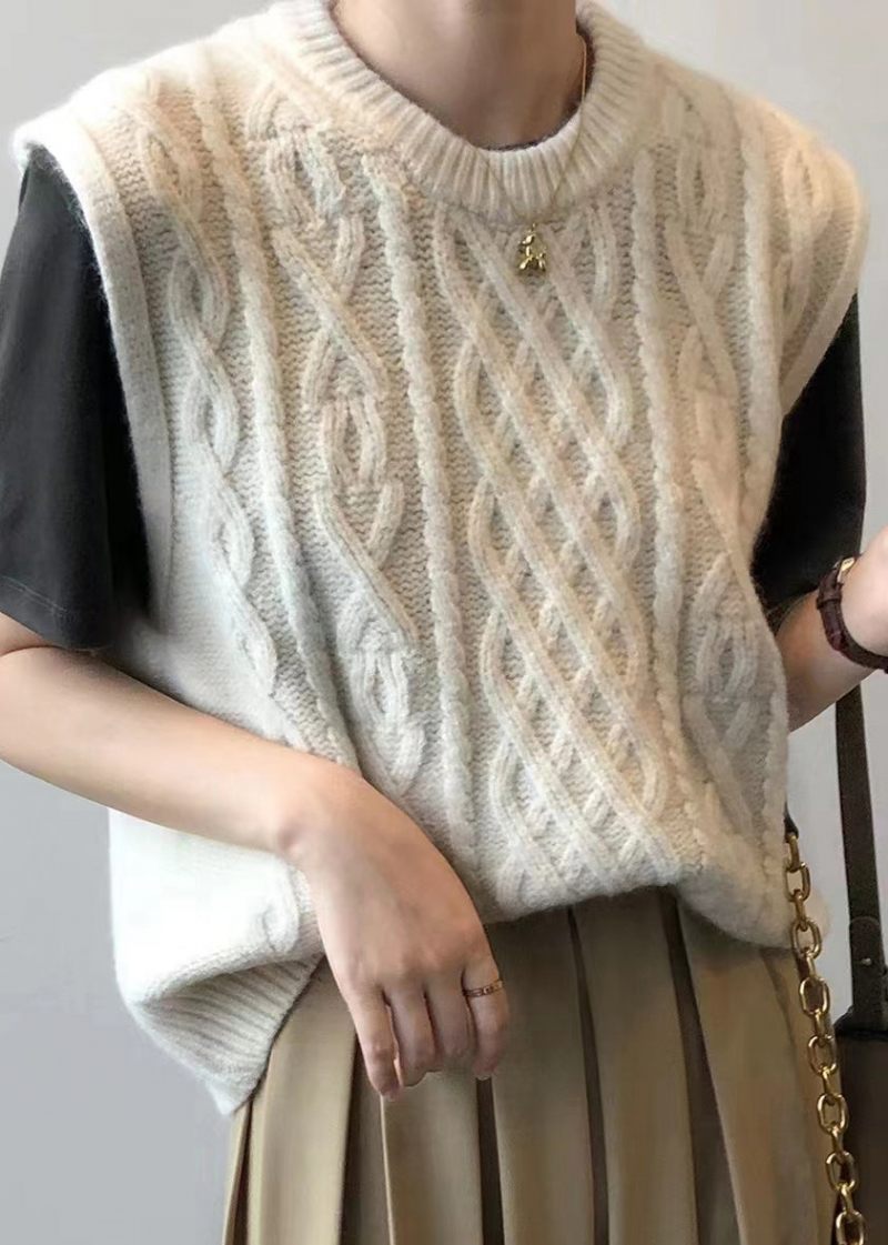 Beige Patchwork Lösstickad Väst Top O Neck Fall - Koftor för kvinnor