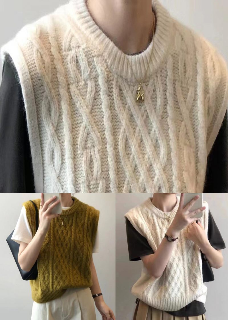 Beige Patchwork Lösstickad Väst Top O Neck Fall - Koftor för kvinnor