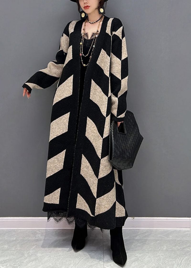 Beige Warm Knit Loose Cardigan Stripped Print Winter