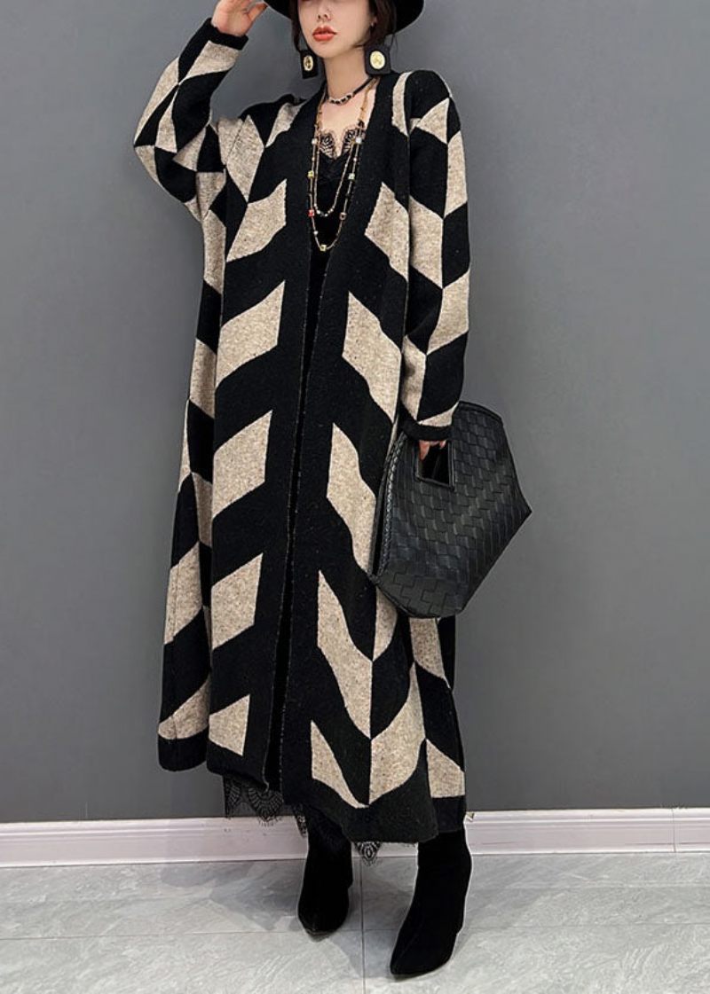 Beige Warm Knit Loose Cardigan Stripped Print Winter - Beige