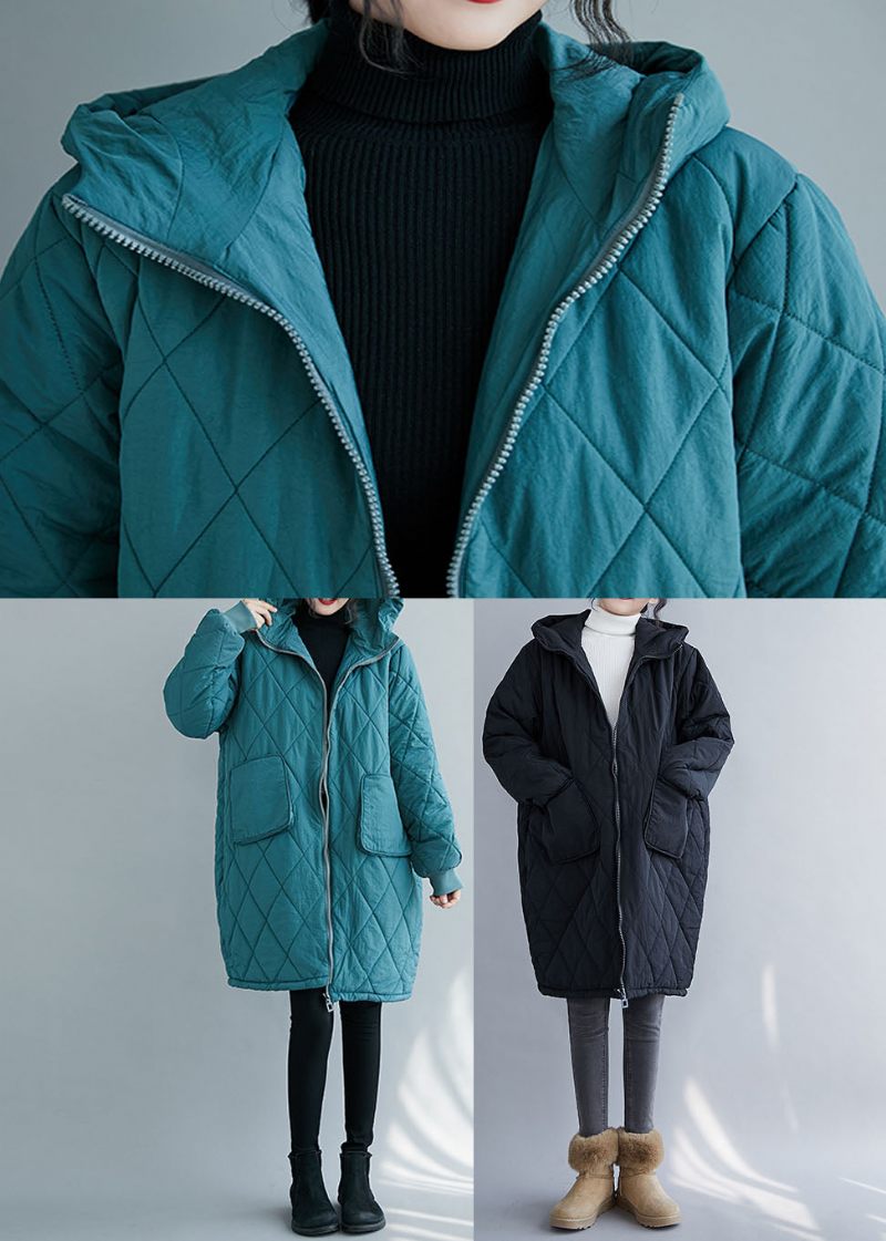 Blå Blixtlåsfickor Tjock Hooded Parka Winter - Blå