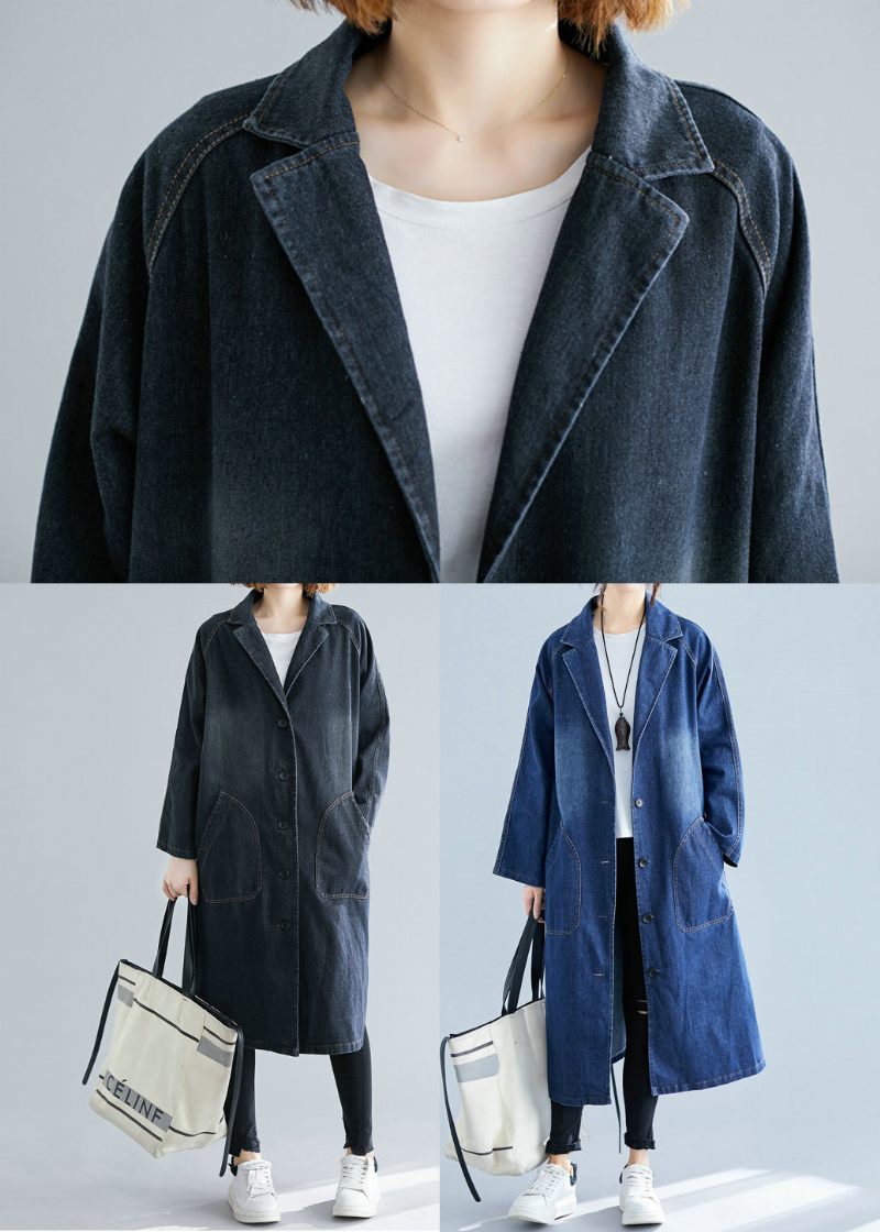 Blå Denim Trenchcoats Överdimensionerade Fickor Höst - Trenchcoats för kvinnor