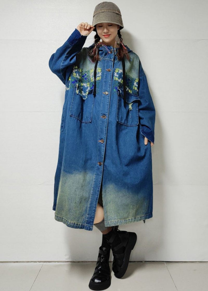 Blå Knappfickor Denim Trench Coat Broderad Långärmad