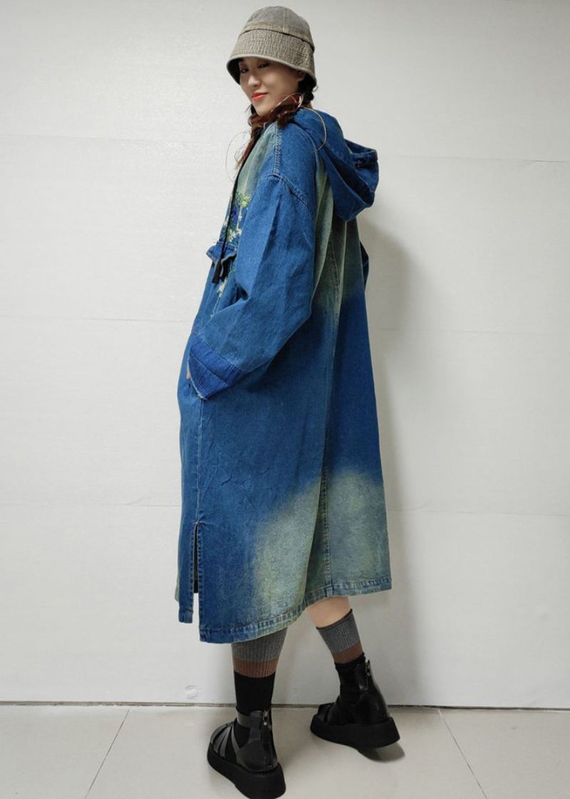 Blå Knappfickor Denim Trench Coat Broderad Långärmad - Trenchcoats för kvinnor