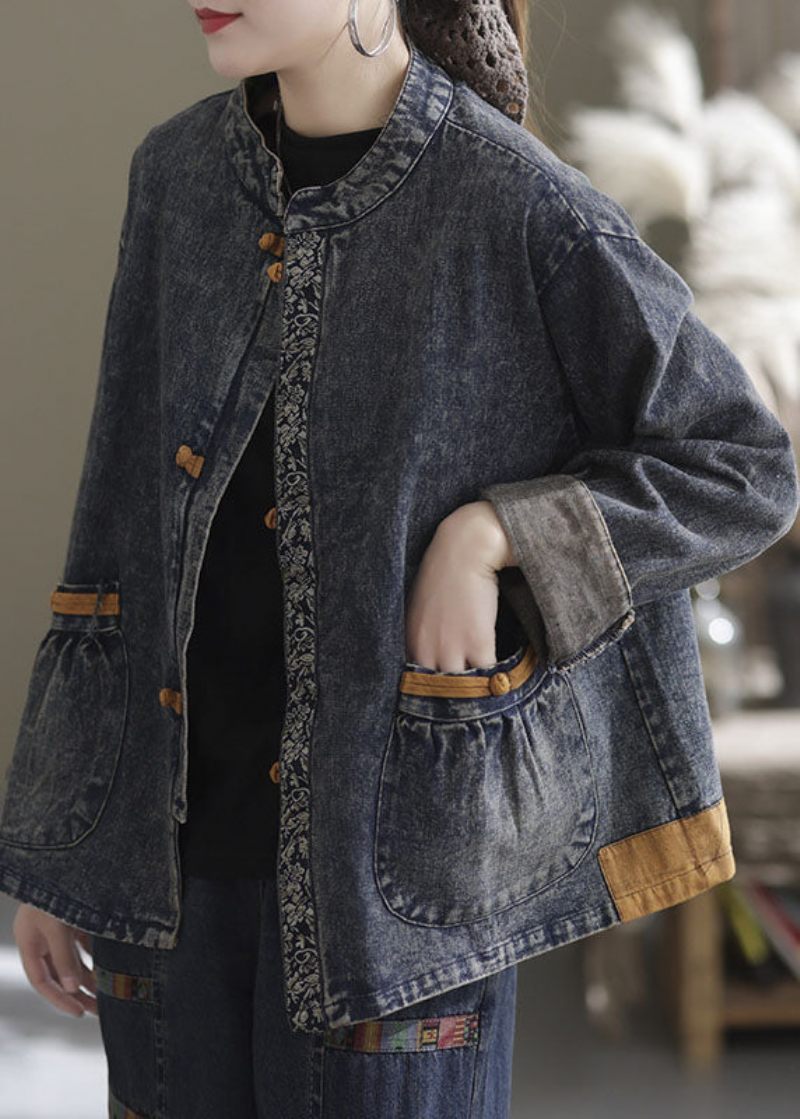 Blå Patchwork Bomull Denim Kappor Stand Krage Oriental Button Fall