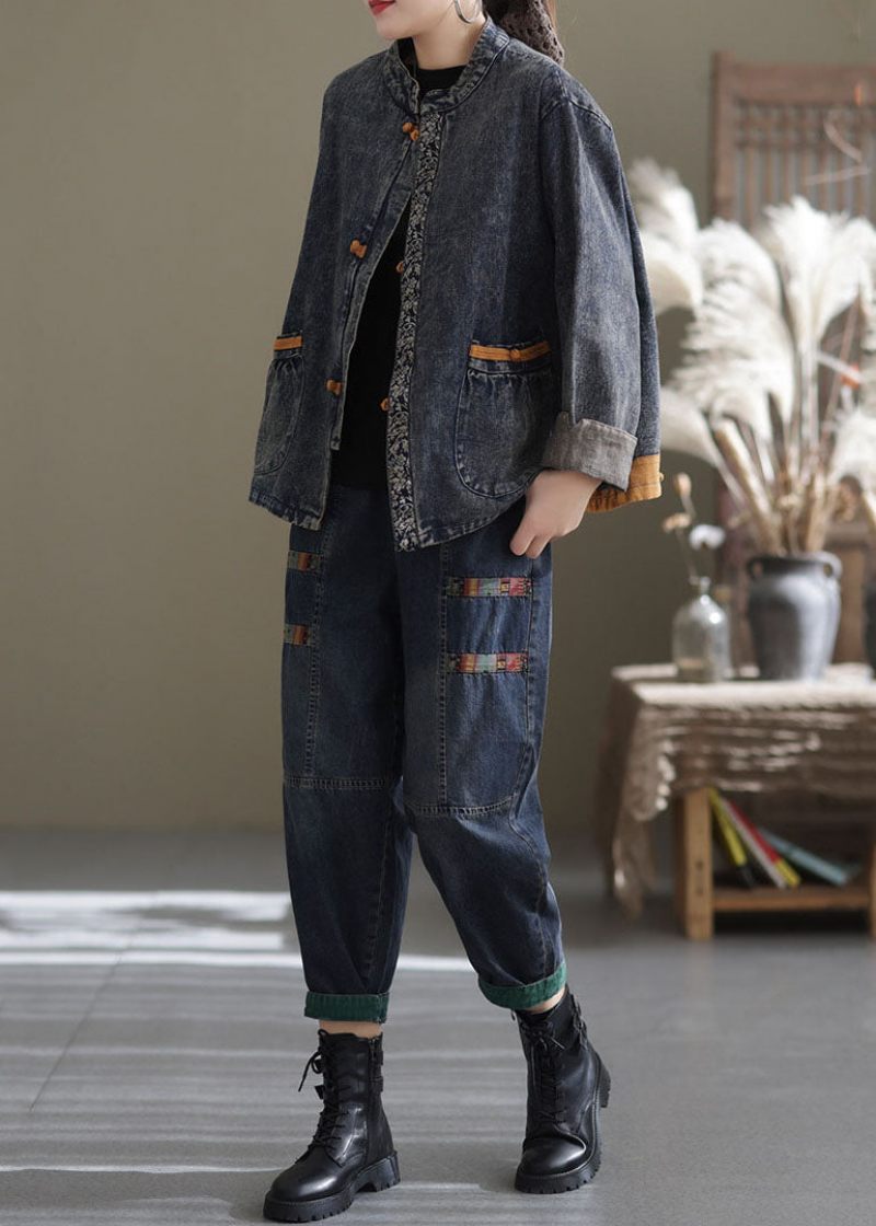 Blå Patchwork Bomull Denim Kappor Stand Krage Oriental Button Fall - Blå