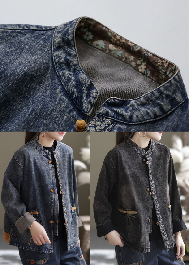 Blå Patchwork Bomull Denim Kappor Stand Krage Oriental Button Fall - Blå