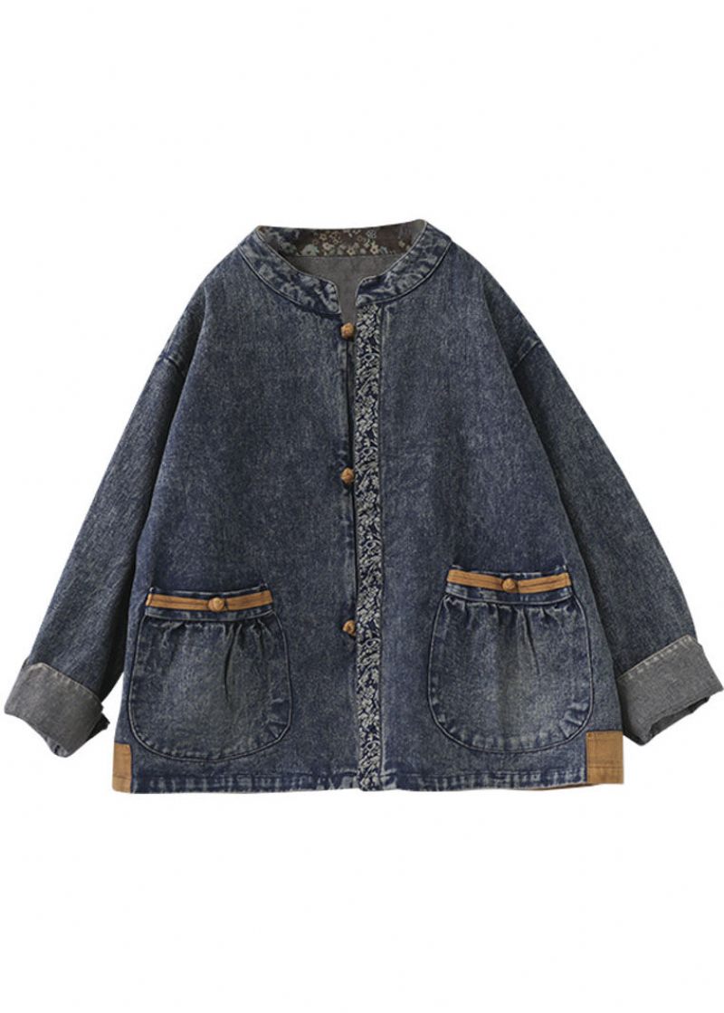 Blå Patchwork Bomull Denim Kappor Stand Krage Oriental Button Fall - Blå