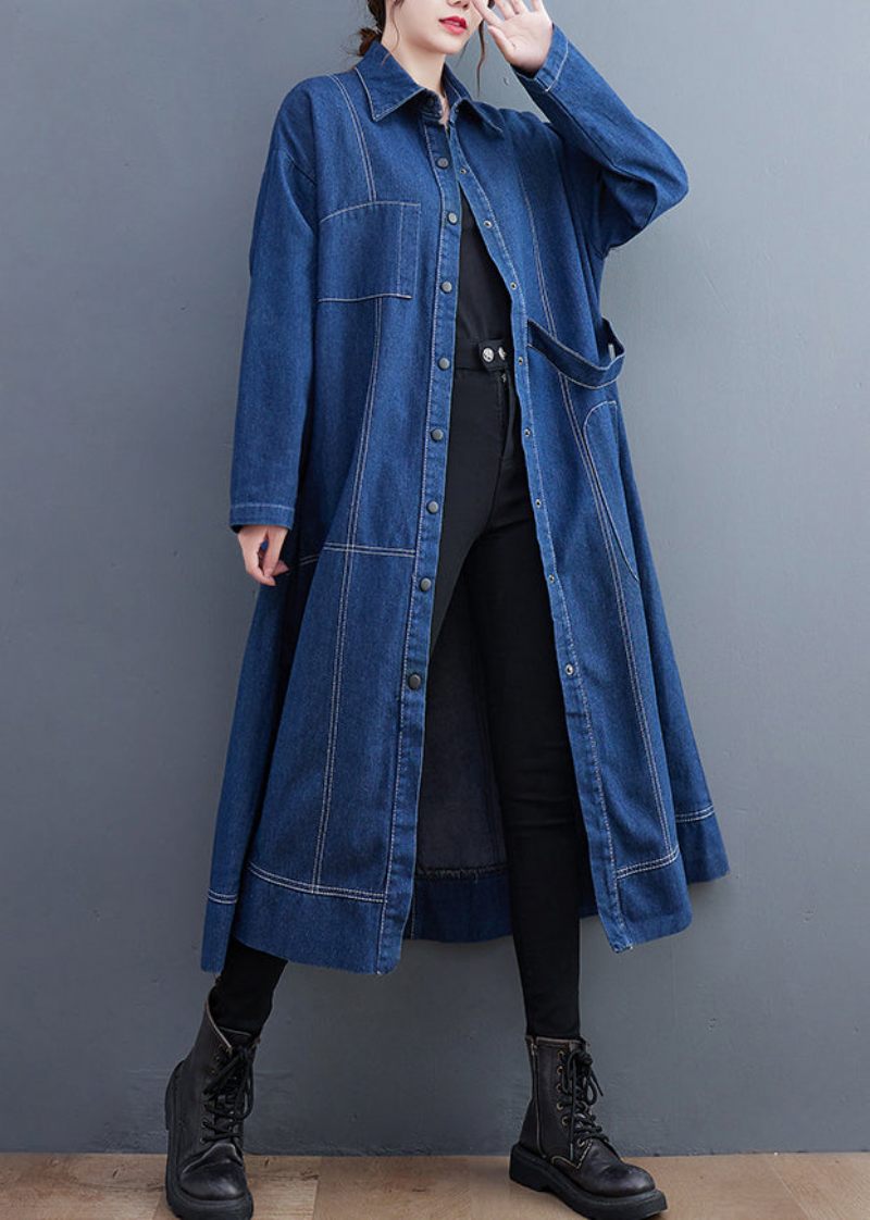 Blå Patchwork Denim Lång Trench Coat Peter Pan Krage Långärmad