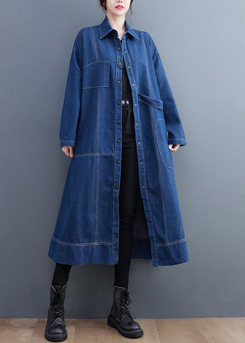 Blå Patchwork Denim Lång Trench Coat Peter Pan Krage Långärmad - Trenchcoats för kvinnor