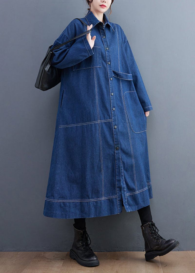 Blå Patchwork Denim Lång Trench Coat Peter Pan Krage Långärmad - Trenchcoats för kvinnor