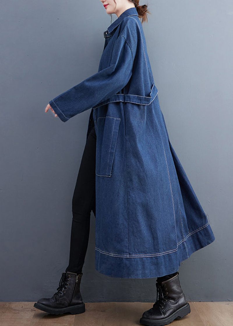 Blå Patchwork Denim Lång Trench Coat Peter Pan Krage Långärmad - Trenchcoats för kvinnor