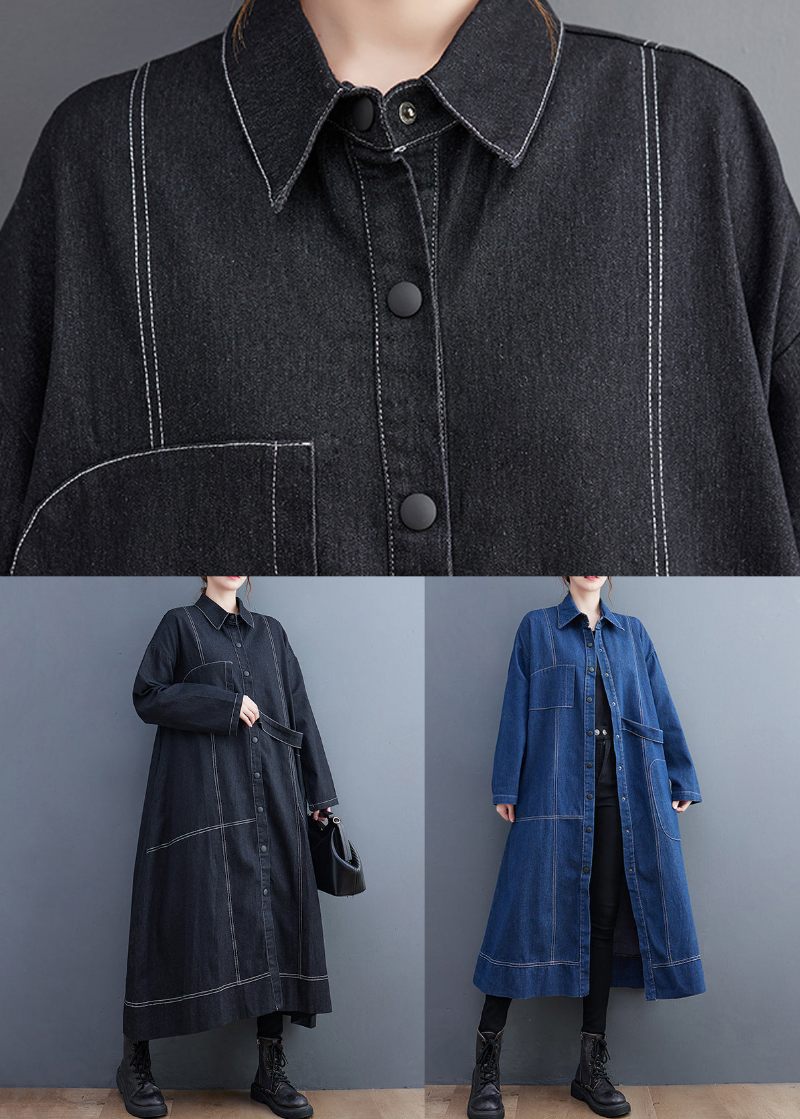 Blå Patchwork Denim Lång Trench Coat Peter Pan Krage Långärmad - Trenchcoats för kvinnor