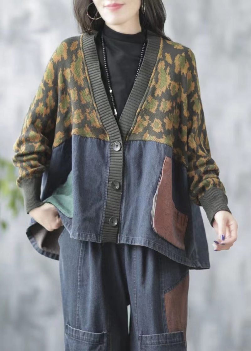 Blå Pockets Print Knit Patchwork Denim Coat V Neck Fall