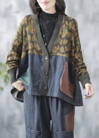 Blå Pockets Print Knit Patchwork Denim Coat V Neck Fall