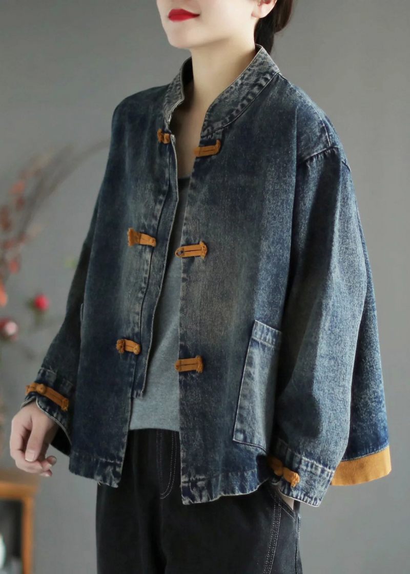 Blå Stativ Krage Knapp Denim Coat Långärmad