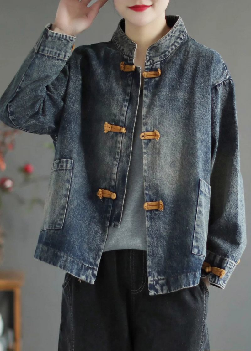 Blå Stativ Krage Knapp Denim Coat Långärmad - Blå