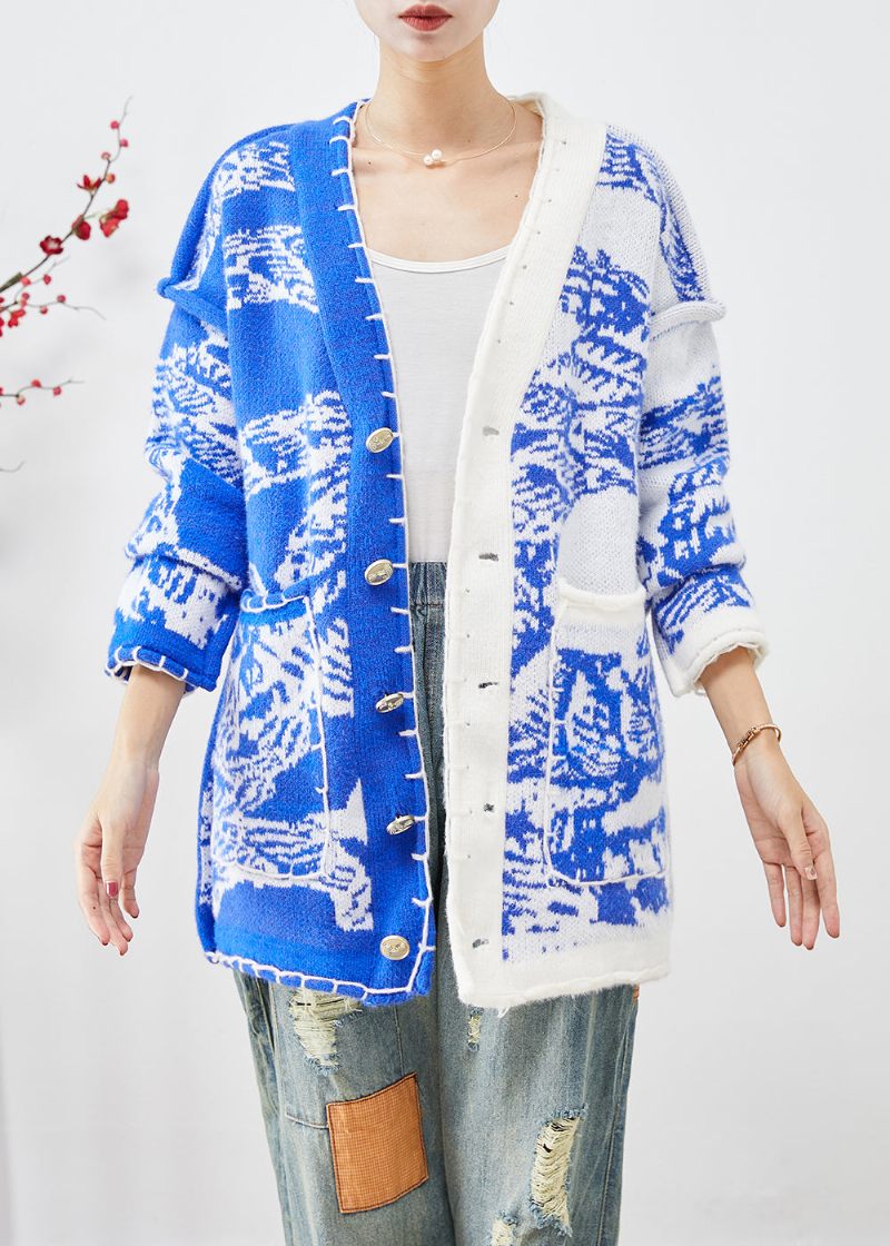 Blå Tie Dye Stickad Cardigan Asymmetrisk Button Down Fall