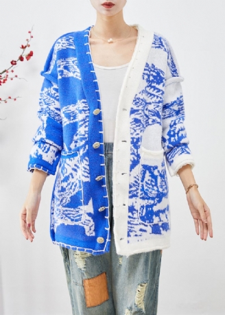 Blå Tie Dye Stickad Cardigan Asymmetrisk Button Down Fall