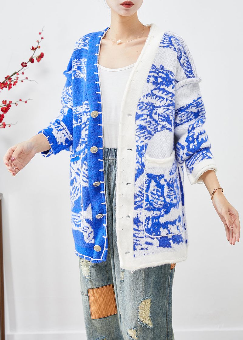 Blå Tie Dye Stickad Cardigan Asymmetrisk Button Down Fall - Koftor för kvinnor