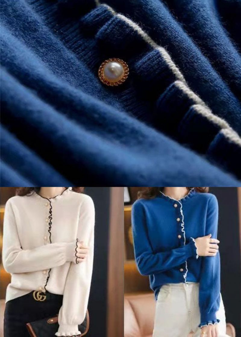 Blå Tjockstickad Cardigan Pearl Button Rufsig Vinter - Koftor för kvinnor