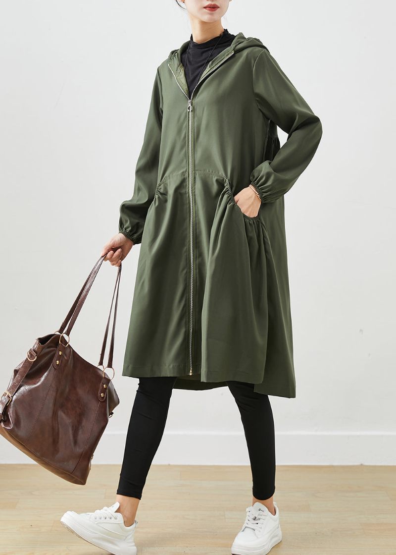 Blackish Green Cotton Coat Outwear Hooded Wrinled Fall