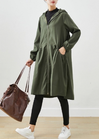 Blackish Green Cotton Coat Outwear Hooded Wrinled Fall