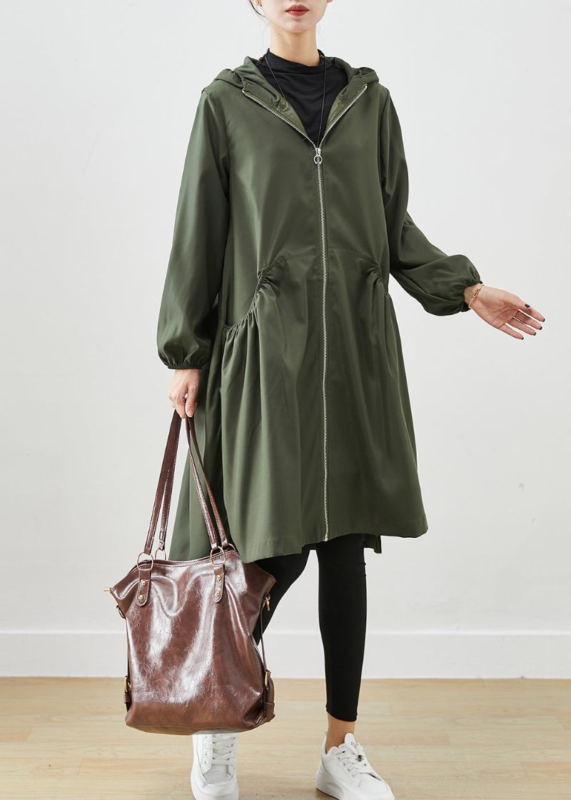 Blackish Green Cotton Coat Outwear Hooded Wrinled Fall - Trenchcoats för kvinnor