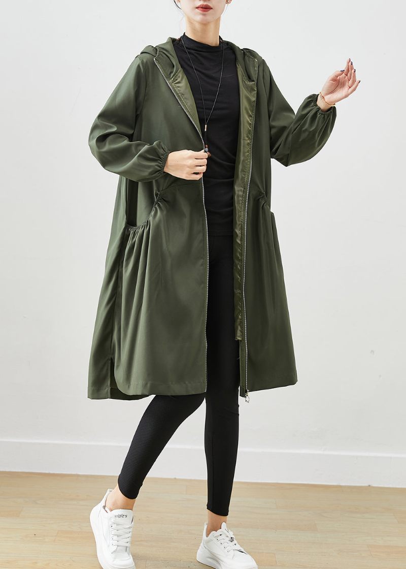 Blackish Green Cotton Coat Outwear Hooded Wrinled Fall - Trenchcoats för kvinnor