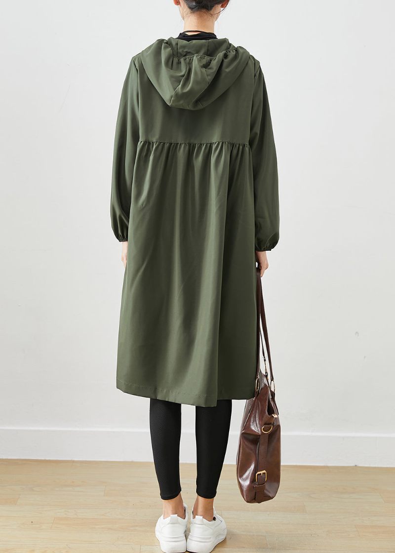 Blackish Green Cotton Coat Outwear Hooded Wrinled Fall - Trenchcoats för kvinnor