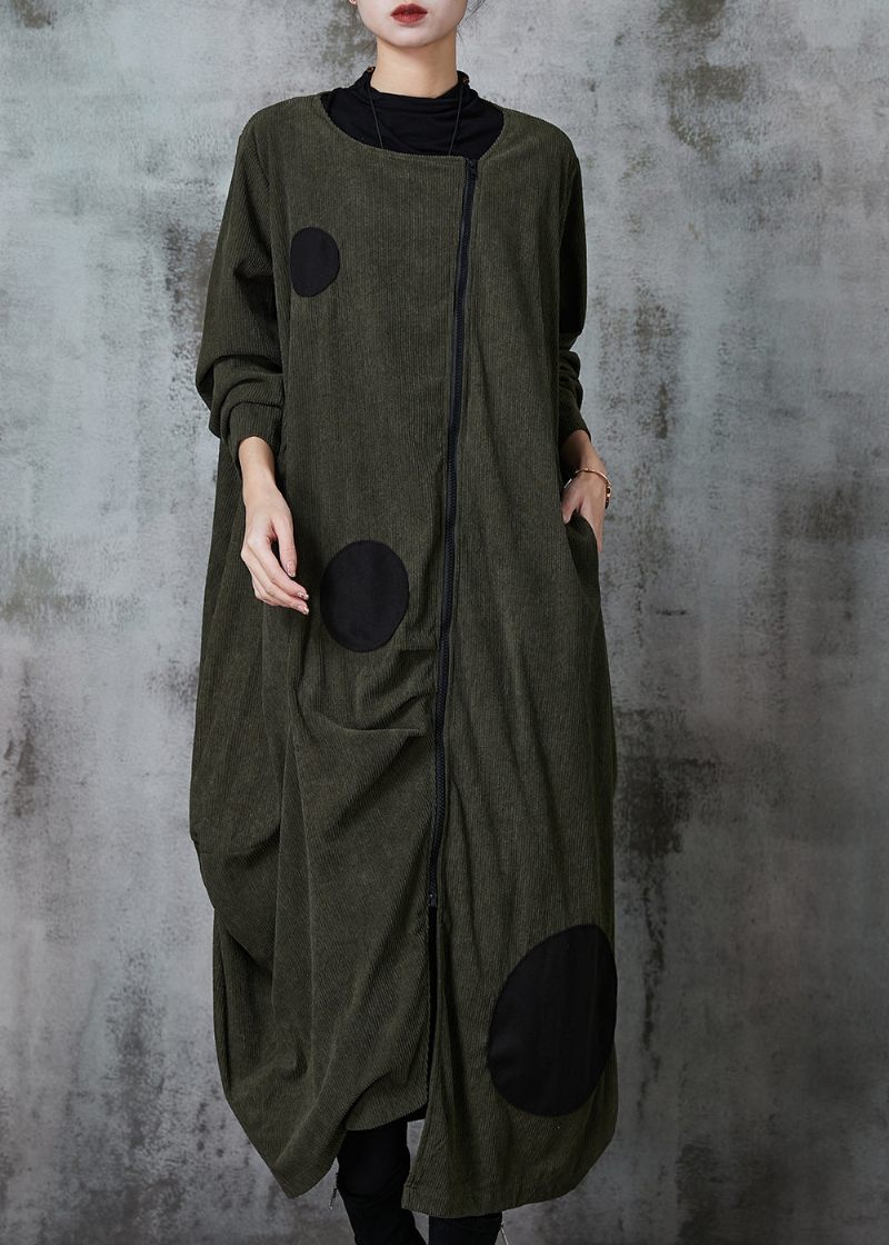 Blackish Green Dot Cotton Trench Coat Asymmetrisk Spring - Vinterkappor för kvinnor