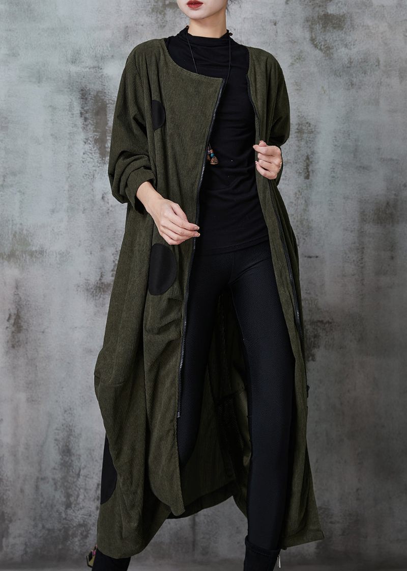 Blackish Green Dot Cotton Trench Coat Asymmetrisk Spring - Vinterkappor för kvinnor