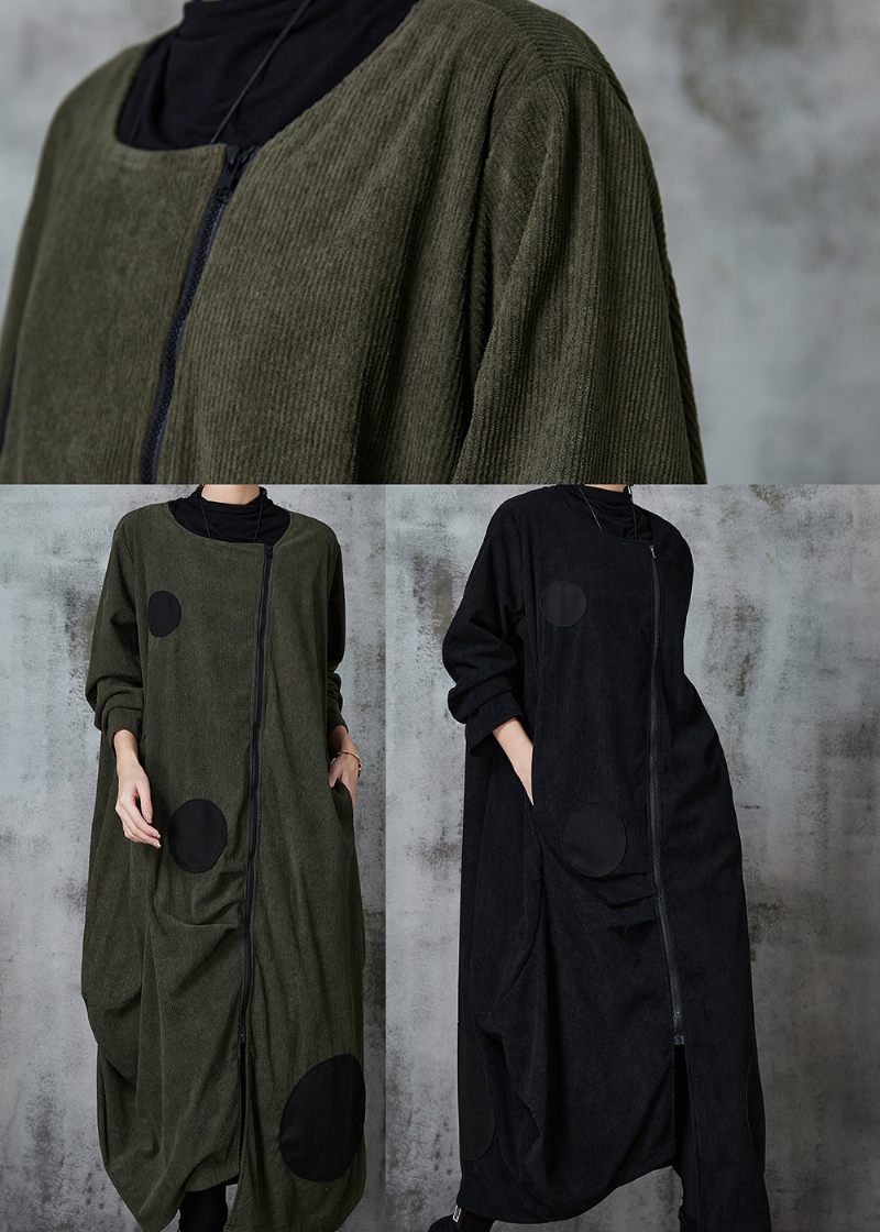 Blackish Green Dot Cotton Trench Coat Asymmetrisk Spring - Vinterkappor för kvinnor