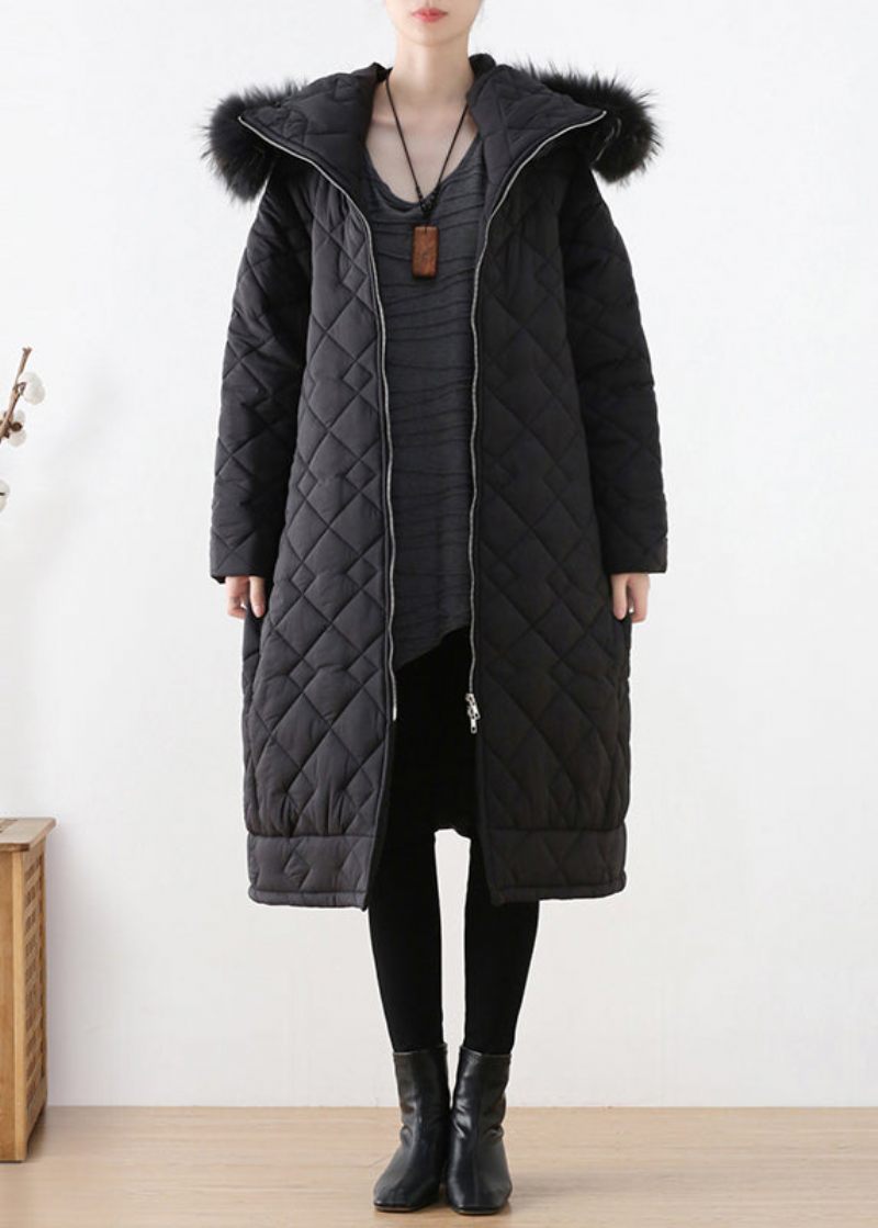 Blck Pläd Tjock Hooded Long Parka Winter