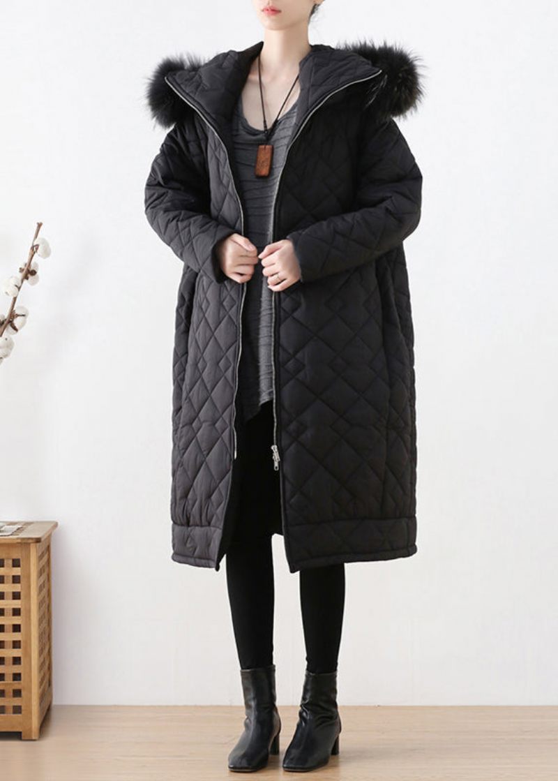 Blck Pläd Tjock Hooded Long Parka Winter - Blck