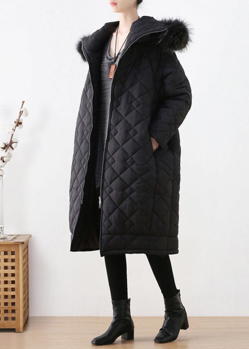 Blck Pläd Tjock Hooded Long Parka Winter - Blck