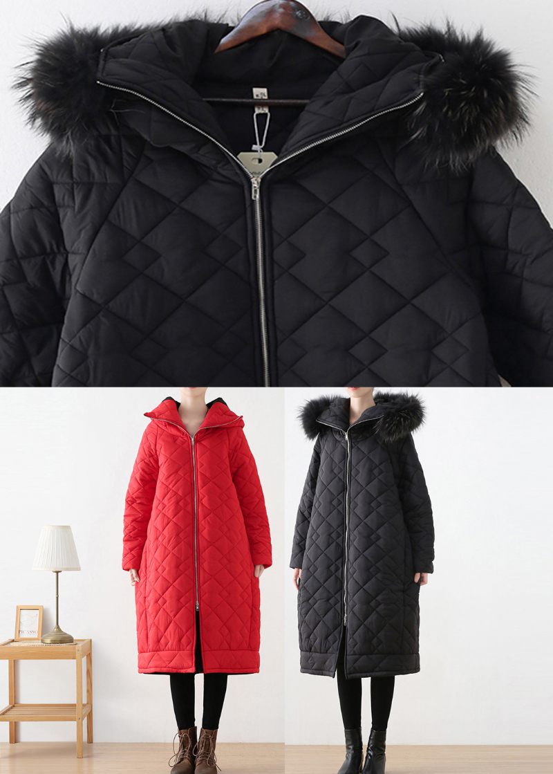 Blck Pläd Tjock Hooded Long Parka Winter - Blck