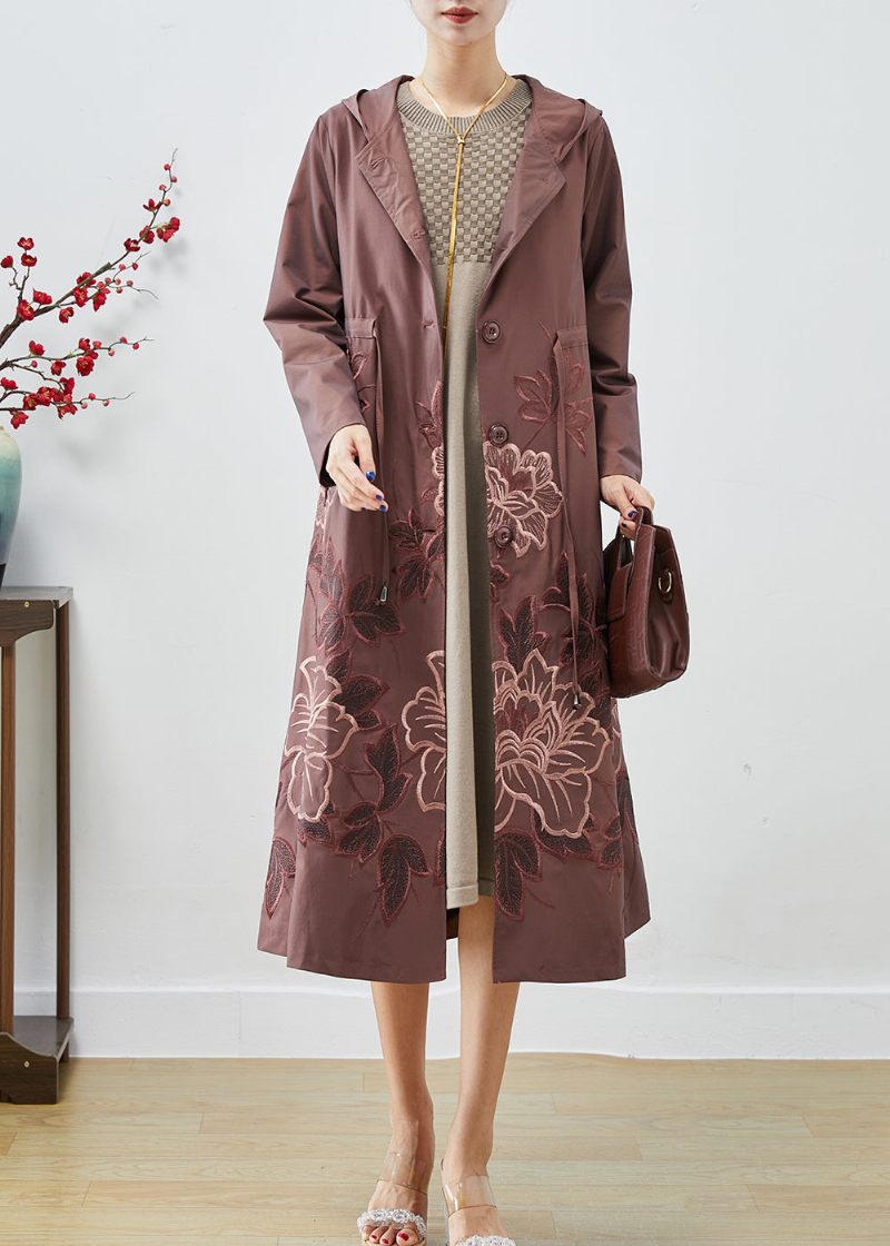 Blek Mauve Spandex Trench Coat Broderad Tie Midja Fall - Trenchcoats för kvinnor