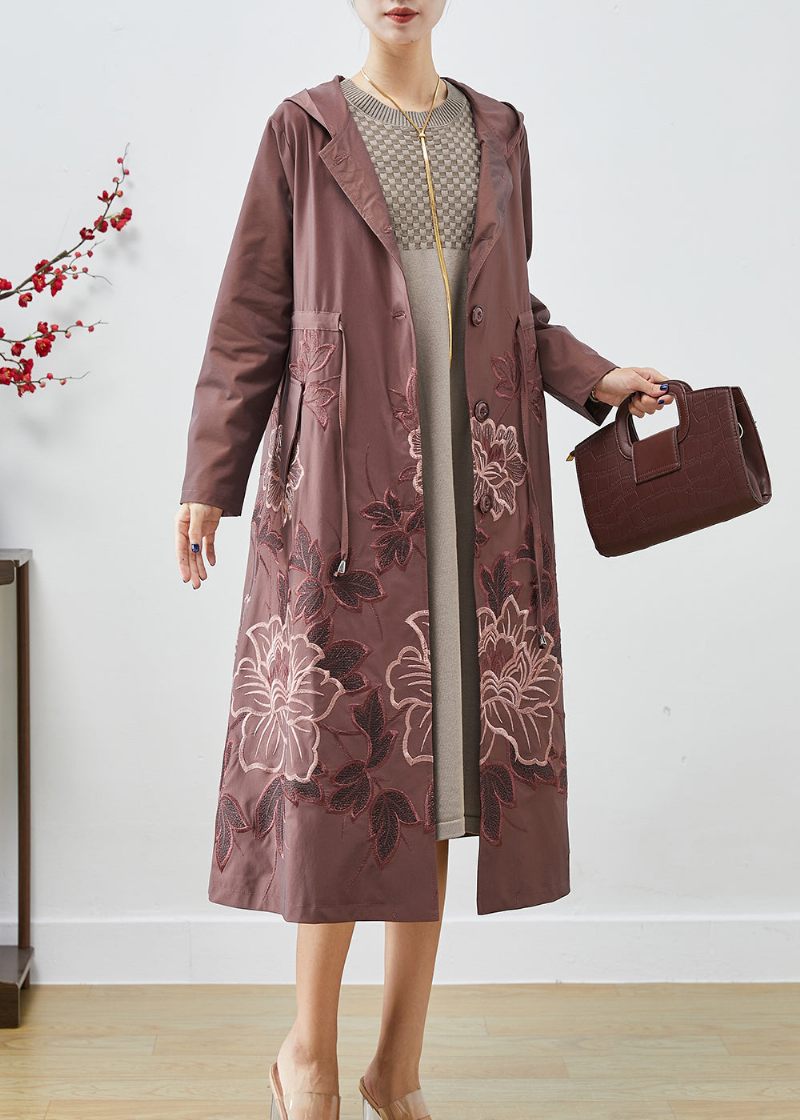 Blek Mauve Spandex Trench Coat Broderad Tie Midja Fall - Trenchcoats för kvinnor