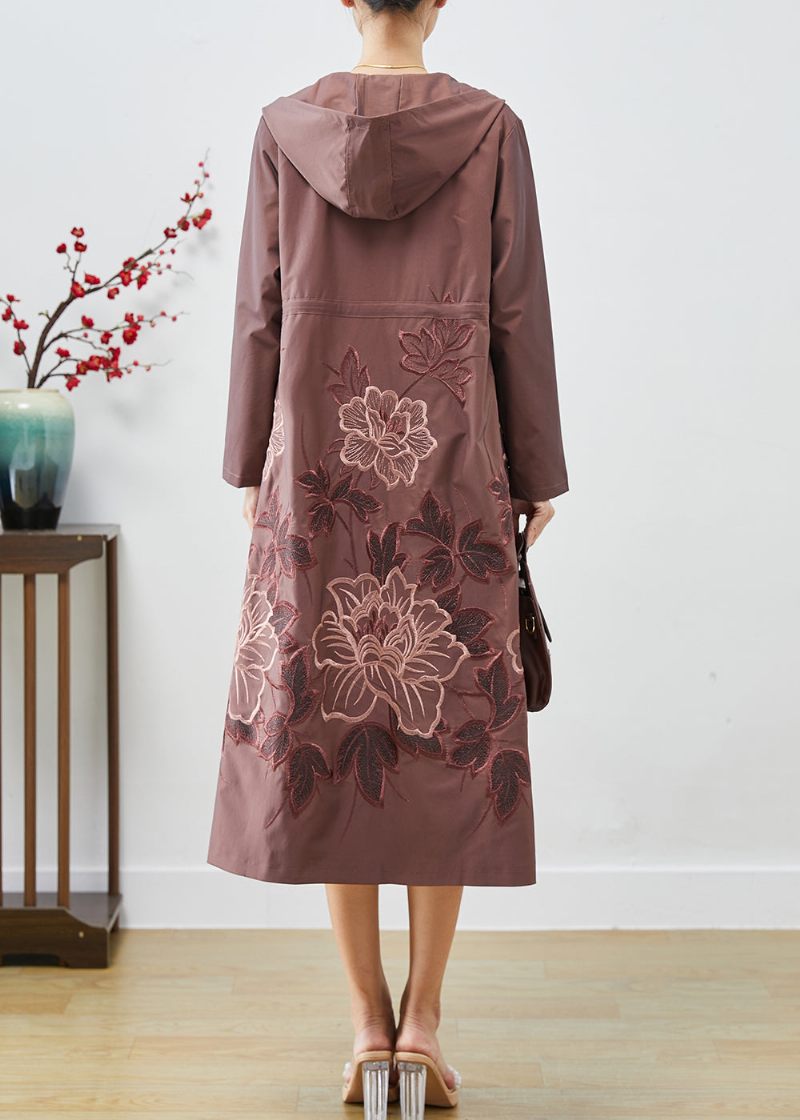 Blek Mauve Spandex Trench Coat Broderad Tie Midja Fall - Trenchcoats för kvinnor