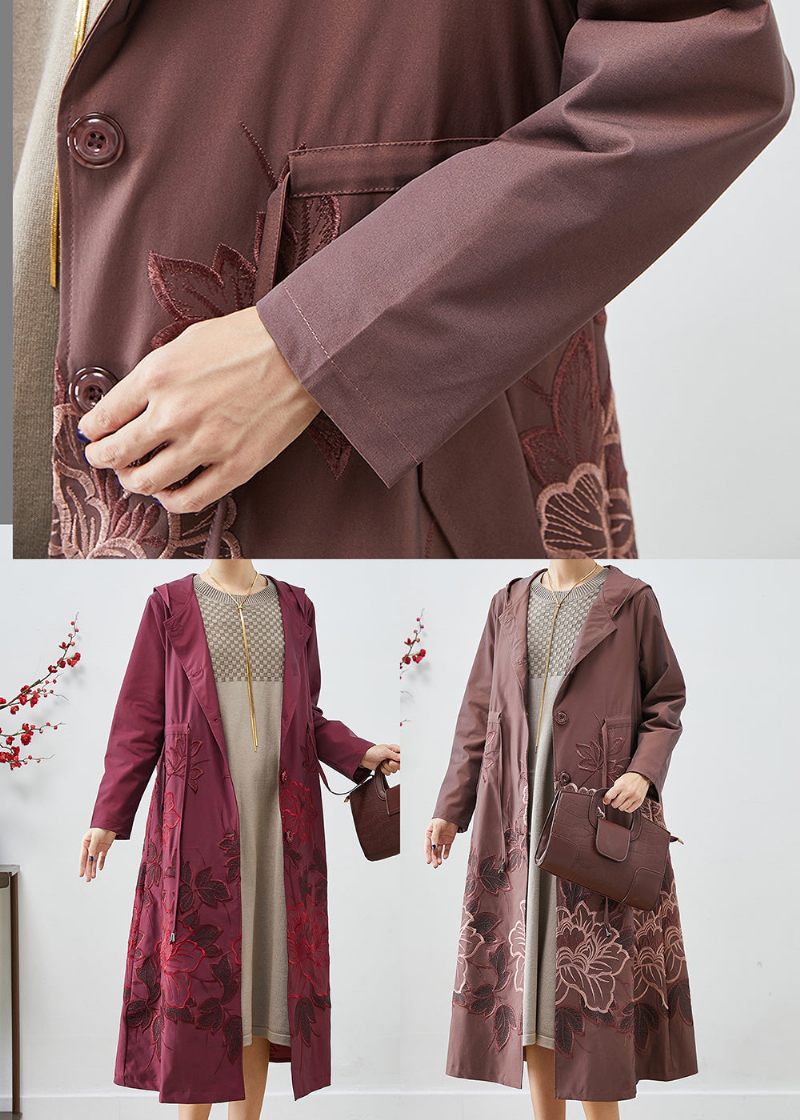 Blek Mauve Spandex Trench Coat Broderad Tie Midja Fall - Trenchcoats för kvinnor