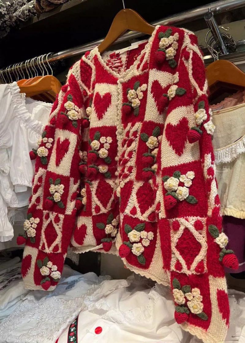 Blommig Röd O-ringad Knapp Patchwork Stickad Cardigan Långärmad - Koftor för kvinnor