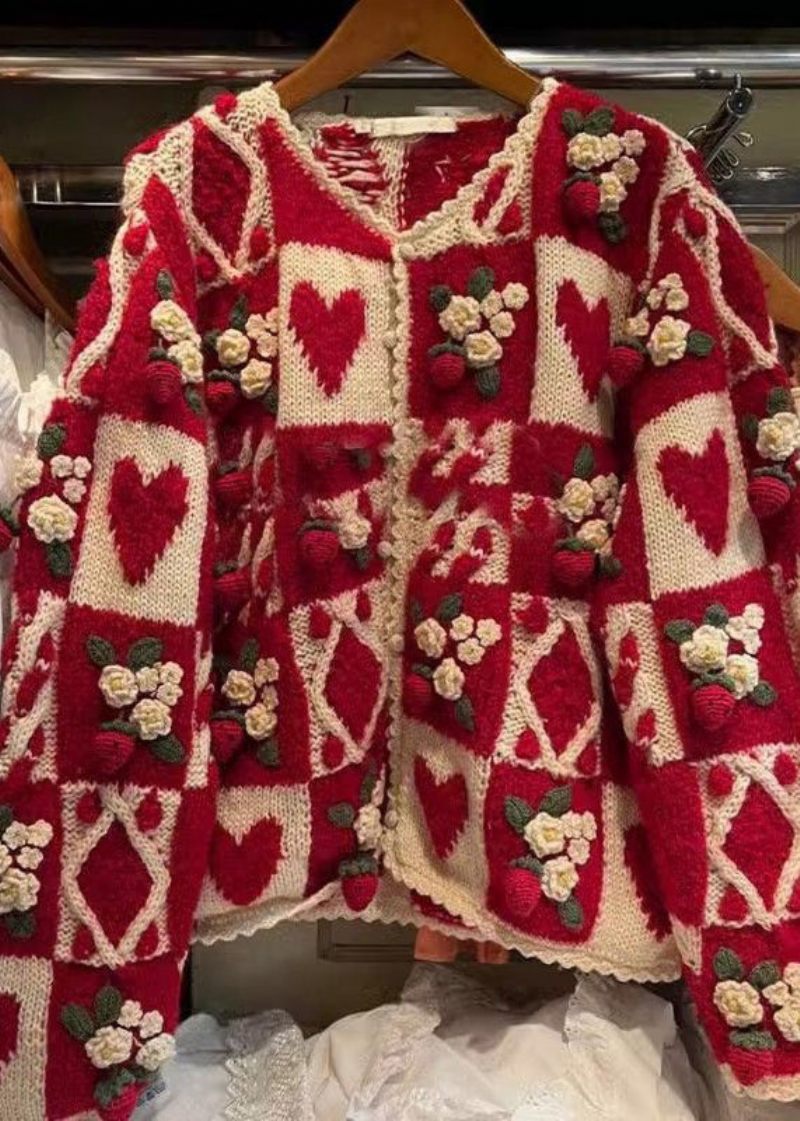 Blommig Röd O-ringad Knapp Patchwork Stickad Cardigan Långärmad - Koftor för kvinnor