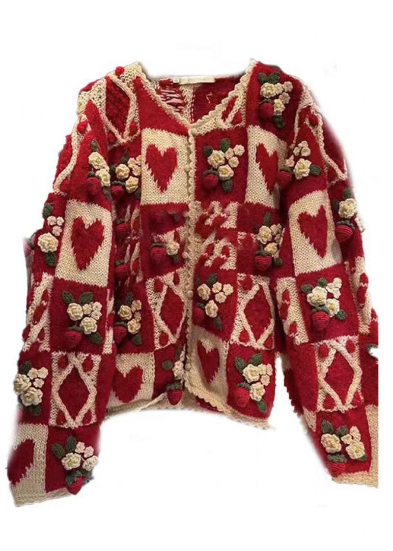 Blommig Röd O-ringad Knapp Patchwork Stickad Cardigan Långärmad - Koftor för kvinnor