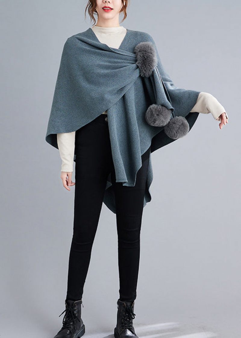 Blue Grey Patchwork Knit Cape Coats Fuzzy Ball Asymmetrisk Fall