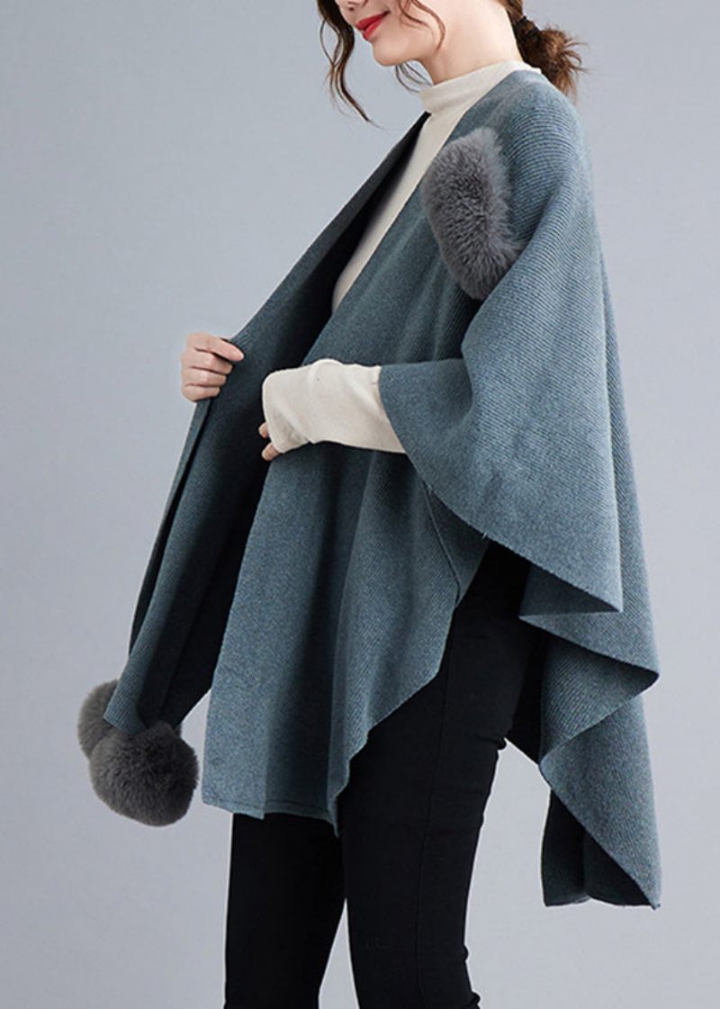 Blue Grey Patchwork Knit Cape Coats Fuzzy Ball Asymmetrisk Fall - Koftor för kvinnor