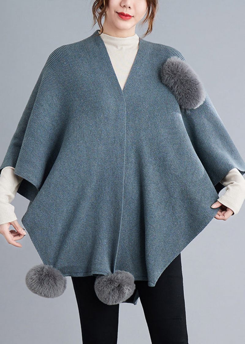 Blue Grey Patchwork Knit Cape Coats Fuzzy Ball Asymmetrisk Fall - Koftor för kvinnor