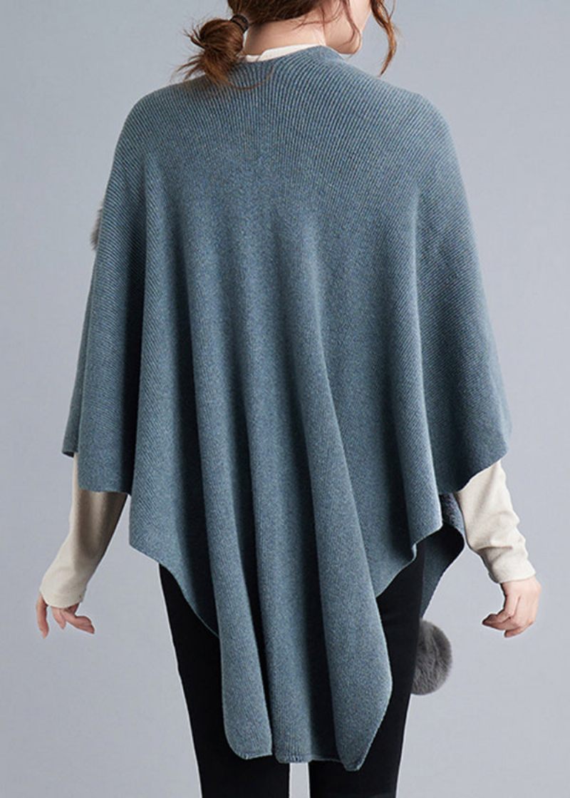 Blue Grey Patchwork Knit Cape Coats Fuzzy Ball Asymmetrisk Fall - Koftor för kvinnor