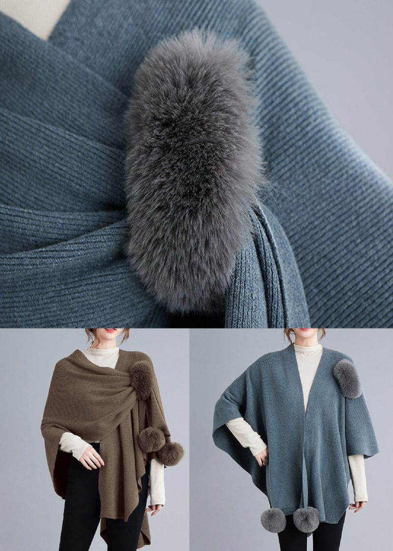 Blue Grey Patchwork Knit Cape Coats Fuzzy Ball Asymmetrisk Fall - Koftor för kvinnor